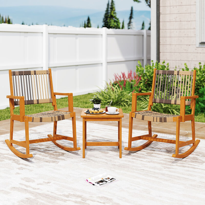 Outdoor 3 Piece Acacia Wood Rocking Set with Rattan Seat and Back image number 3