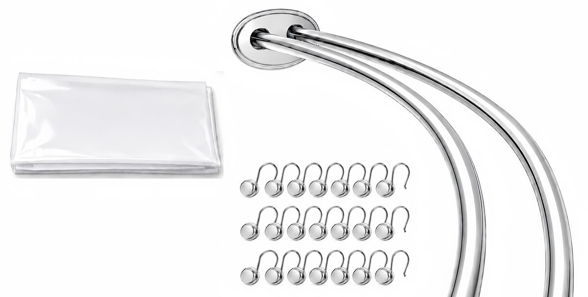 Shower Suite by Utopia Alley &ndash; Rustproof Aluminum Double Curved Shower Curtain Rod Combo Set with Liner & 24 Hooks, Adjustable 45&ndash;72 Inch Wall Mounted Dual Rod, Extra 30% Space