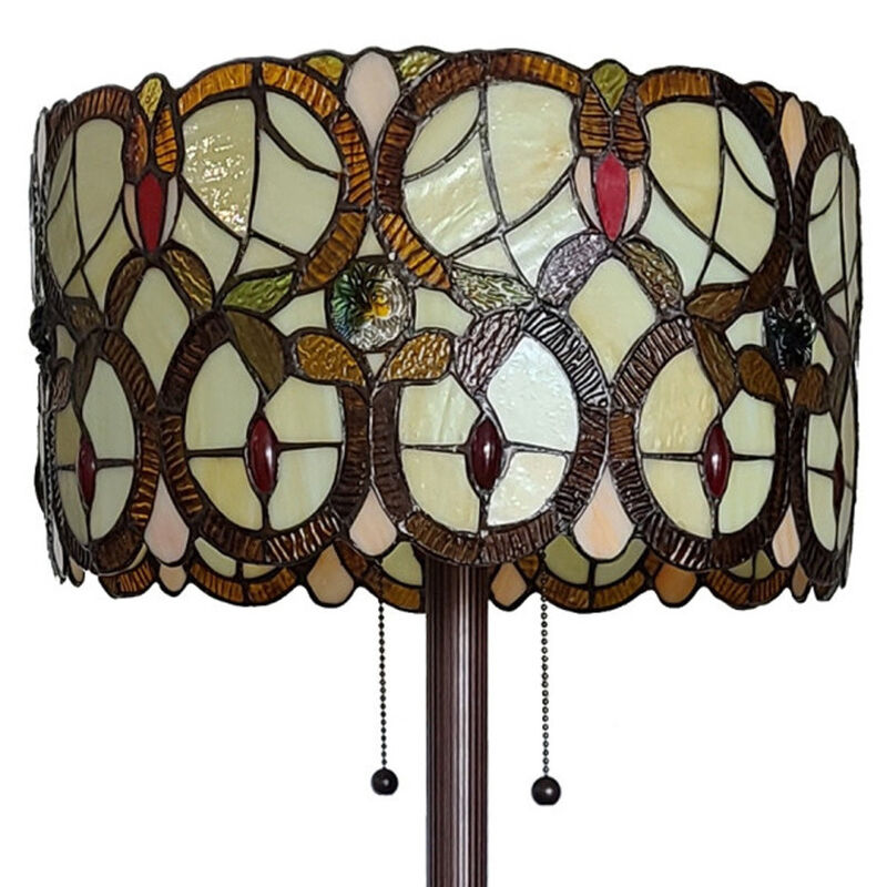 Hivvago 63" Beige Metal Two Light Torchiere Floor Lamp With Red And White Flowers Glass Drum Shade