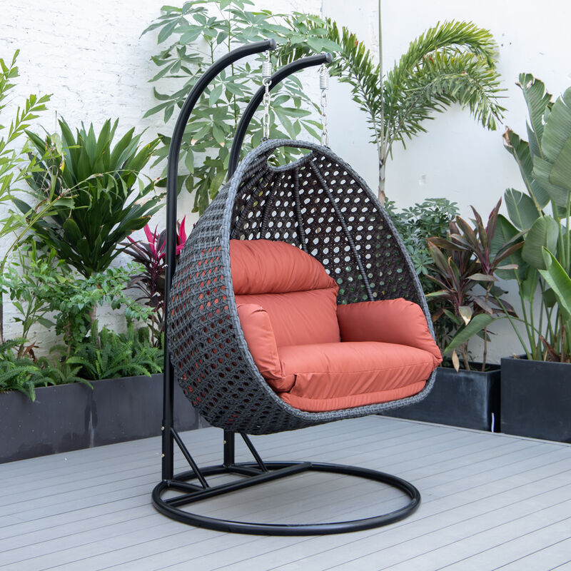 LeisureMod Mendoza Charcoal Modern Wicker Hanging 2 person Egg Swing Chair Removable Cushion image number 1