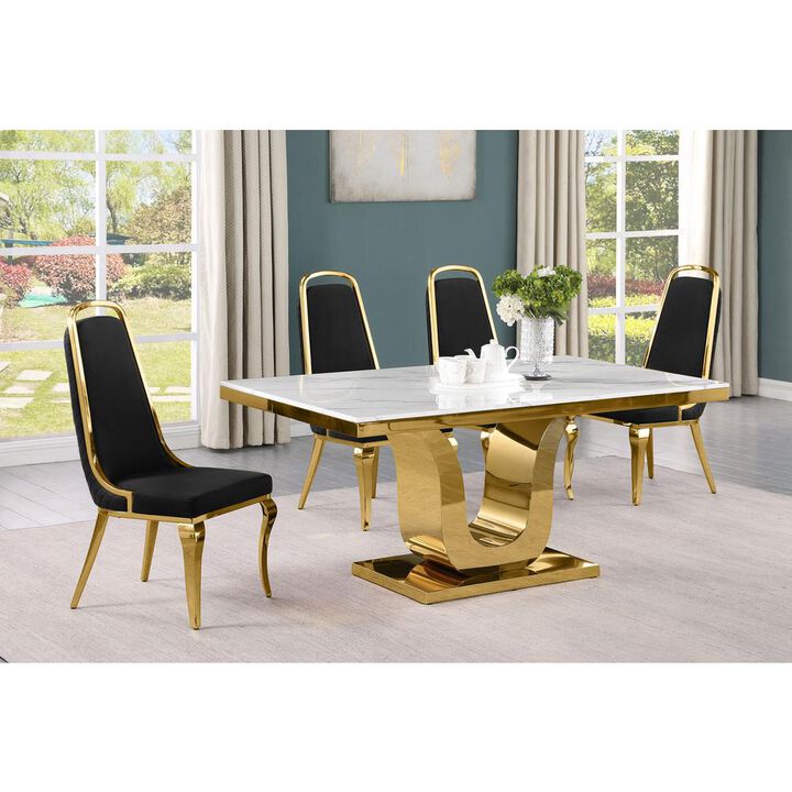5pc Small(66") marble top dining set with gold base and 4 Black side chairs