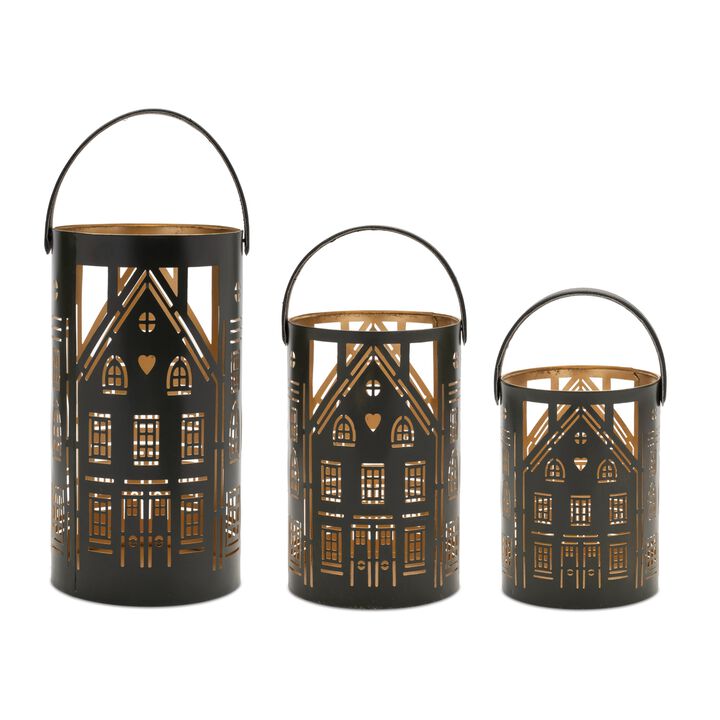 Set of 3 Punched Metal House Lanterns for Holiday Tabletop or Mantel Display