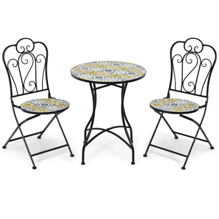 Hivvago 3 Pieces Patio Bistro Mosaic Design Set with Folding Chairs and Round Table