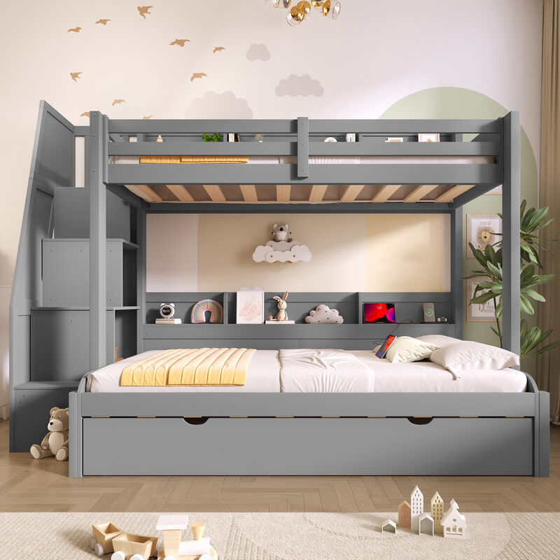 Merax Twin over Full Wooden Bunk Bed with Storage Stairs image number 3