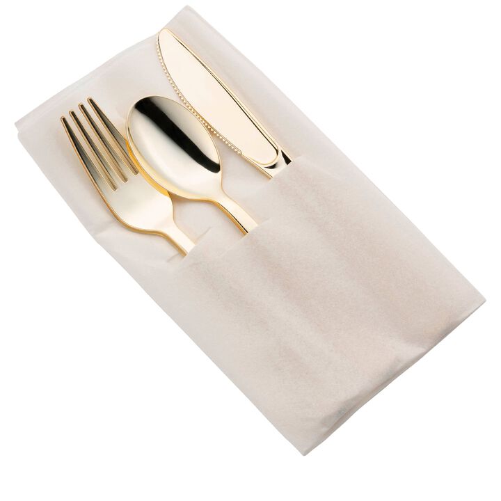 Gold Plastic Cutlery in White Pocket Napkin Set (70 Sets)