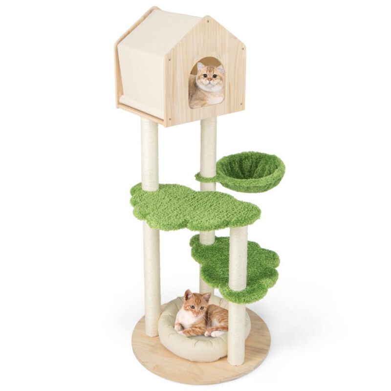 Hivvago 55 Inch Tall Cat Climbing Stand with Sisal Scratching Posts and Soft Cat Bed for Indoor Kittens