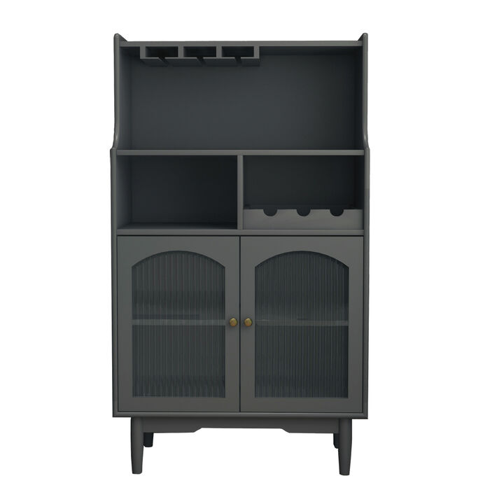Living Room Grey color wine cabinet with removable rack and wine glass rack, one cabinet with glass doors