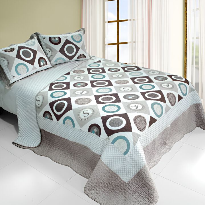 Queen Size 3-Piece Cotton Vermicelli Quilted Printed Quilt Set with Matching Pillow Shams