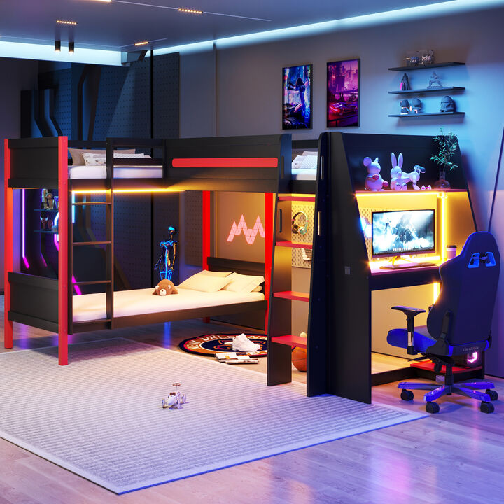 Merax Black & Red L-Shaped Twin Bunk Bed with Gaming Loft Desk, Storage Shelves & LED Light Strip