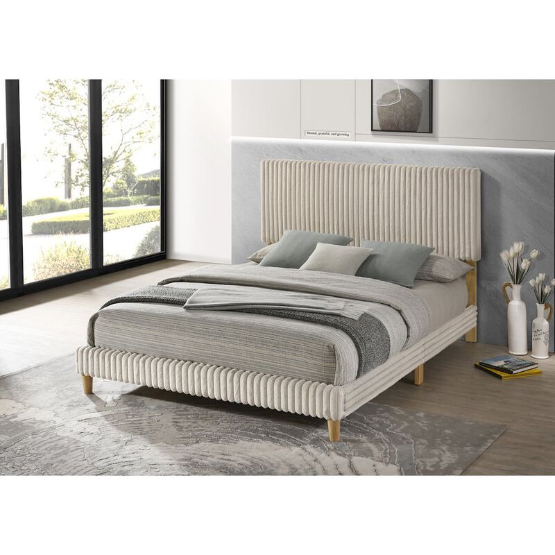 Best Quality Furniture Queen size panel bed with wooden legs in Cream color