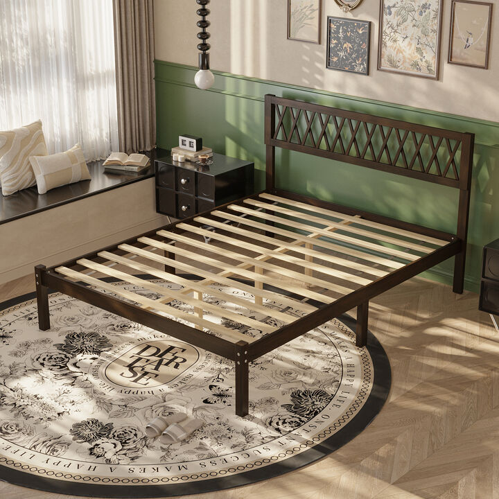 FUFU&GAGA  Returnlov Cherry Solid Wood Bed Frame with Acacia Legs and Plywood Slats, Vintage Style Platform Bed without Box Spring, Classic Wood Headboard (83.8 in. L x 63.2 in. W x 41.1 in. H), Cherry