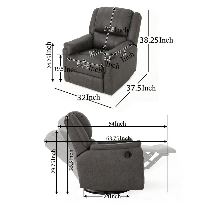 Swivel Manual Reclining Chair, Pillow Cushions, Smooth Gray Fabric - Benzara