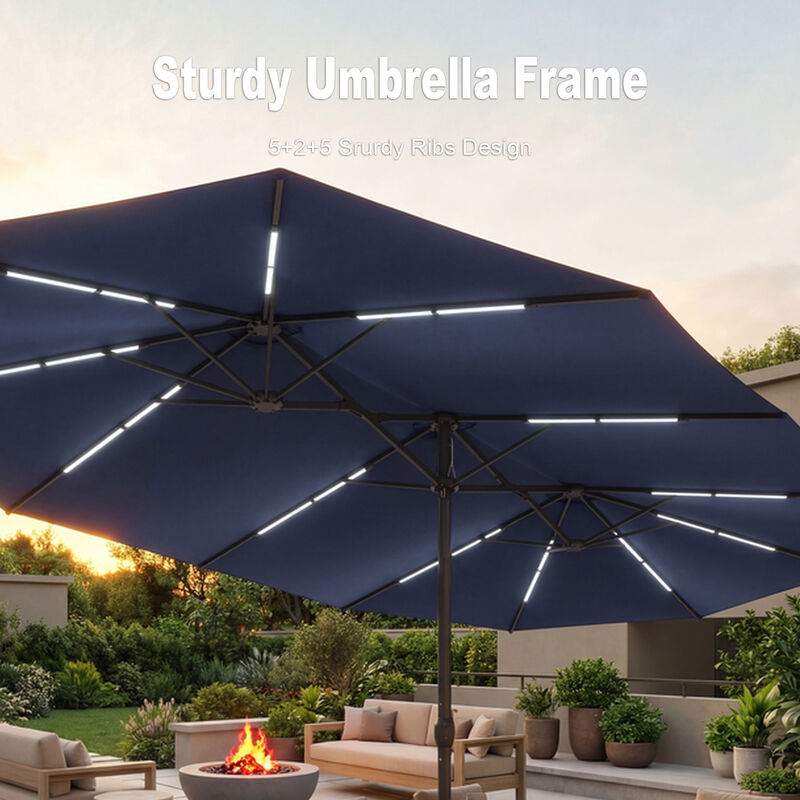 FUFU&GAGA 15-ft x 9-ft Navy Blue Large Outdoor Sunshade Double-Top Patio Umbrella with Solar Panel, Lights & Cross Tile Base, Adjustable Cantilever Umbrella image number 6