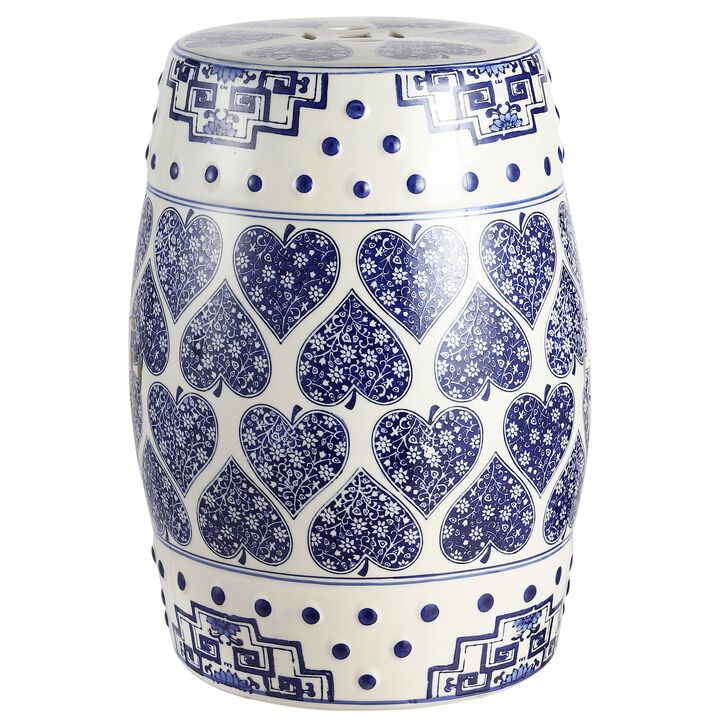 Happy Hearts 17.8" Chinoiserie Ceramic Drum Garden Stool, Blue/White