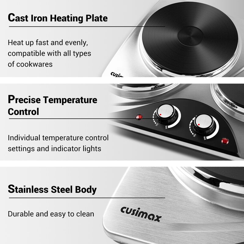 Cusimax 1800W Electric Double Hot Plate, Countertop Cast Iron Burner, Temperature Controls, Power Indicator Lights image number 6