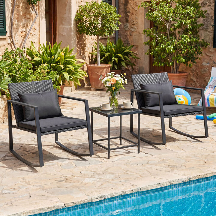 Patio Rocking Bistro Set 3-Piece with Cushions and Tempered Glass
