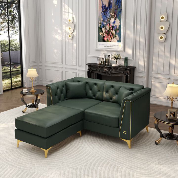 2-Piece Chesterfield Loveseat and Ottoman Set, Faux Leather Tufted Modular Sofa with Metal Trim for Living Room, Includes 2 Pillows