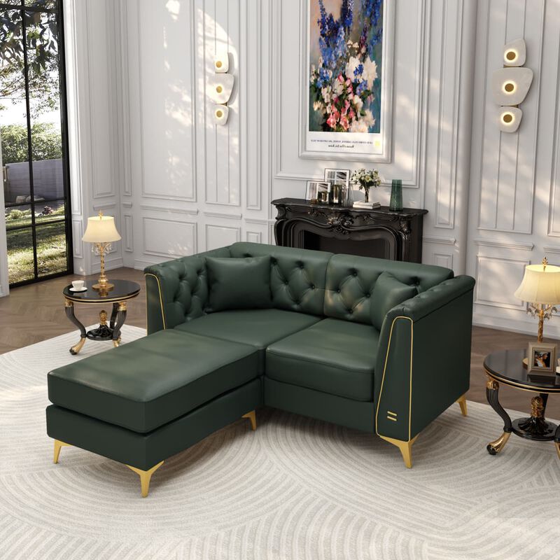 2-Piece Chesterfield Loveseat and Ottoman Set, Faux Leather Tufted Modular Sofa with Metal Trim for Living Room, Includes 2 Pillows image number 1