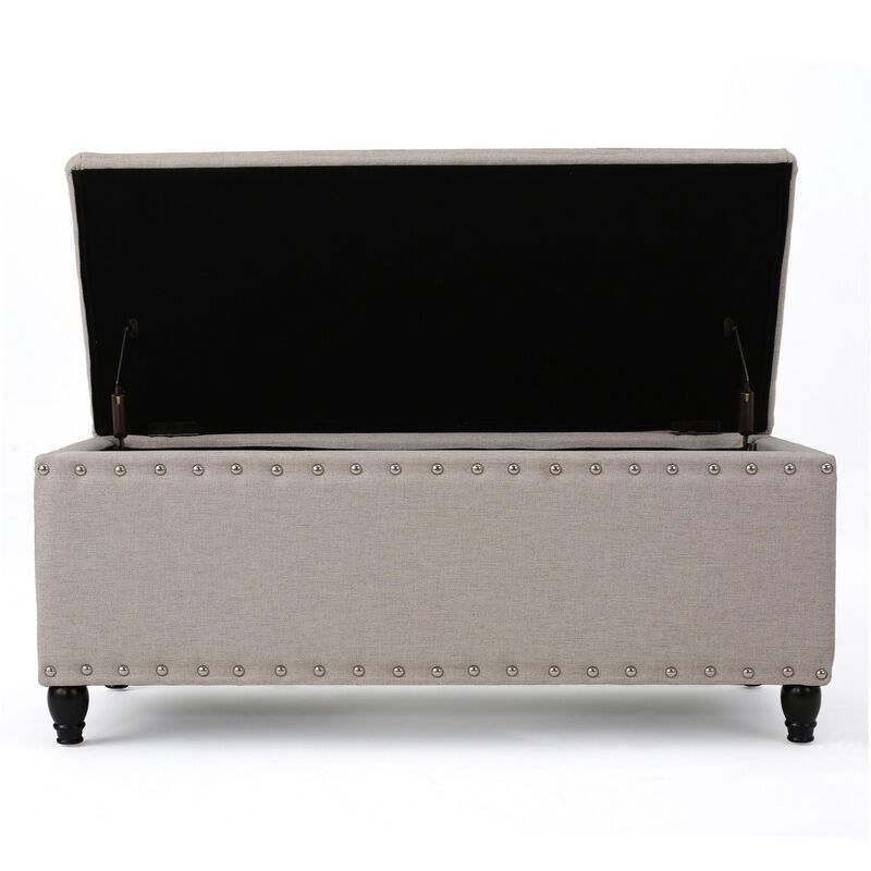 Sharon Storage Ottoman Bench, Beige Fabric, Nailhead Trim, 42 Inch - Benzara