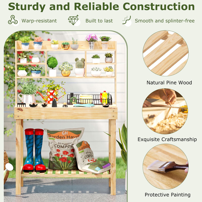 Garden Potting Bench Workstation with Wooden Table and 3-Tier Open Shelves image number 6