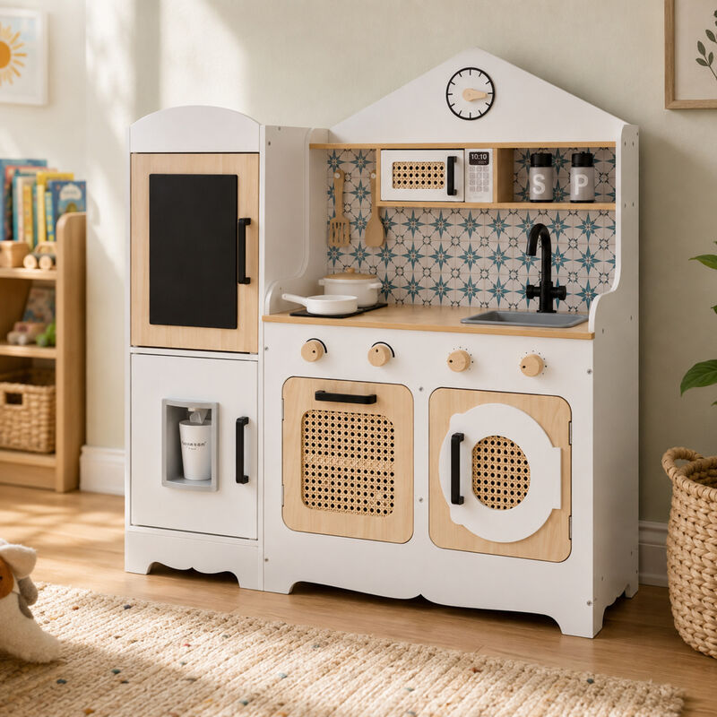 Teamson Kids Large Wooden Play Kitchen Set, White and Natural, Pretend Play kitchen, Fridge with Pretend Ice Dispenser with 11 Accessories, Little Chef Morocco image number 5