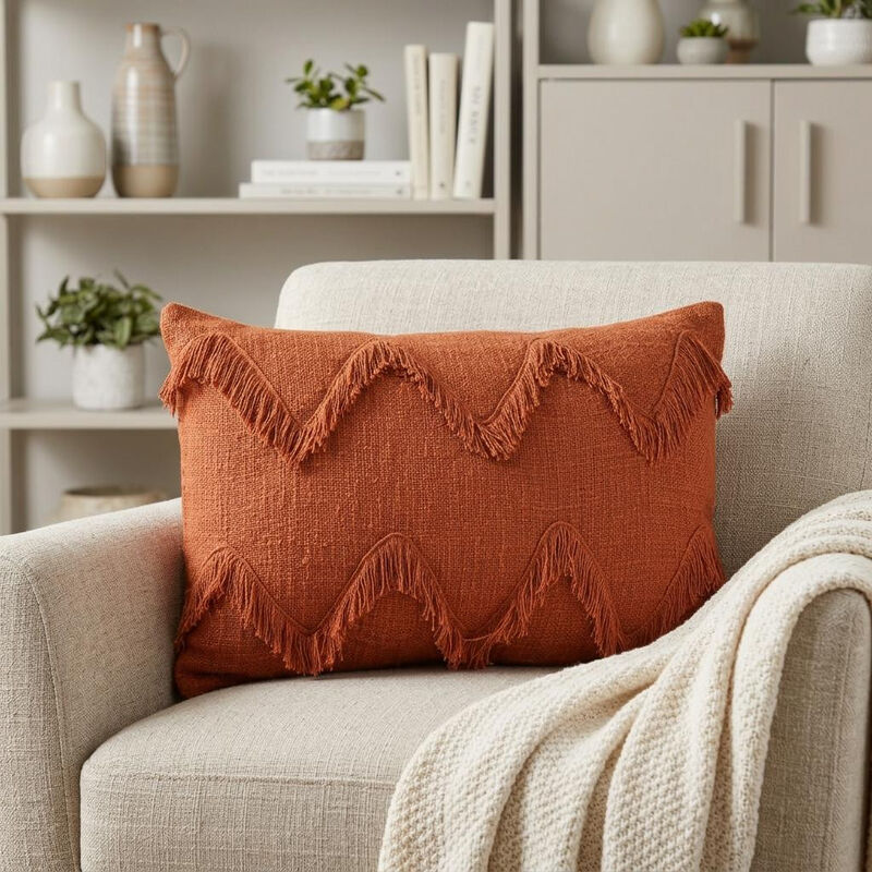 HomeRoots 14" X 20" Cinnamon Chevron Cotton Lumbar Throw Pillow With Texture image number 1