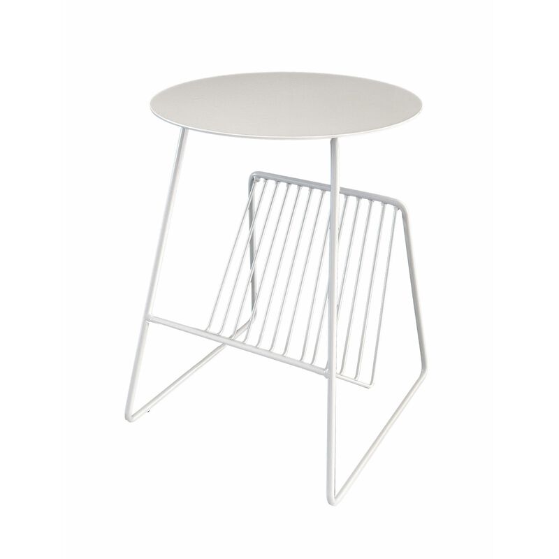 Zeo Side End Table w Magazine Rack, 14 Inch Round Top, White Metal