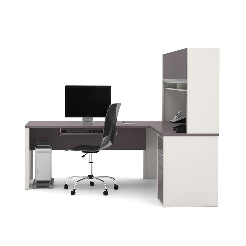 Bestar Connexion L-shaped workstation with hutch in Slate & Sandstone