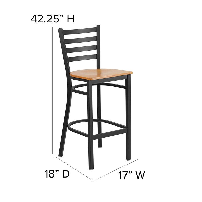 Flash Furniture HERCULES Series Black Ladder Back Metal Restaurant Barstool - Natural Wood Seat