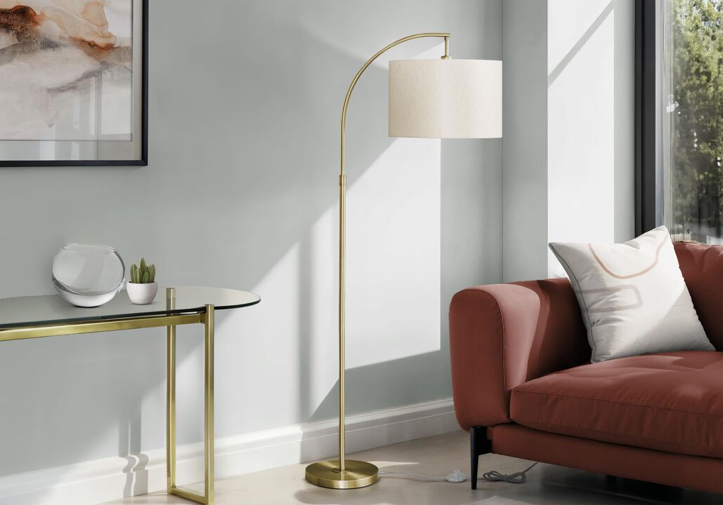 Monarch Specialties 9750 Cream Shade, Contemporary Lighting Arc Floor Lamp Brass Metal Ivory, 26.25" L x 16" W x 65" H, Gold