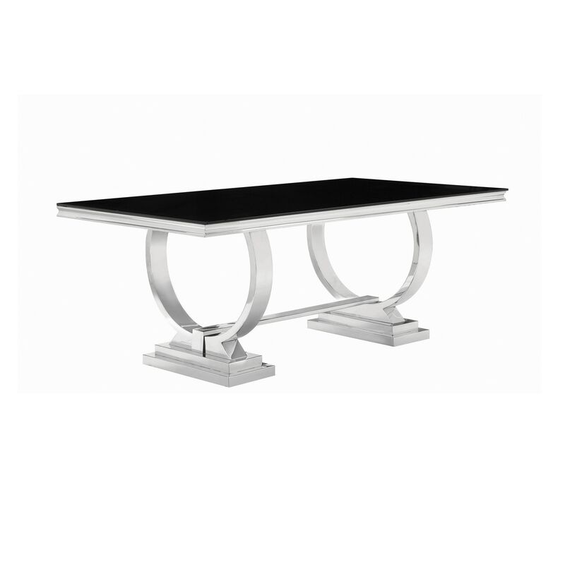 Dining Table with Glass Top and Trestle Base, Black and Chrome - Benzara image number 0