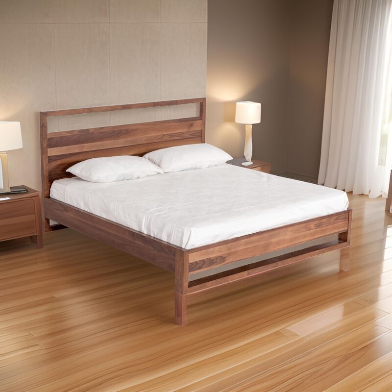 Lina Queen Size Bed with Plank Style Tall Headboard, Modern Walnut Brown  - Benzara