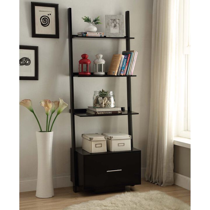 Convenience Concepts American Heritage Ladder Bookcase with File Drawer, Black