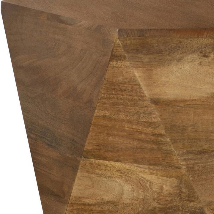 35 Inch Wood Drum Coffee Table, Artisan Hexagonal Rich Natural Brown Finish-Benzara