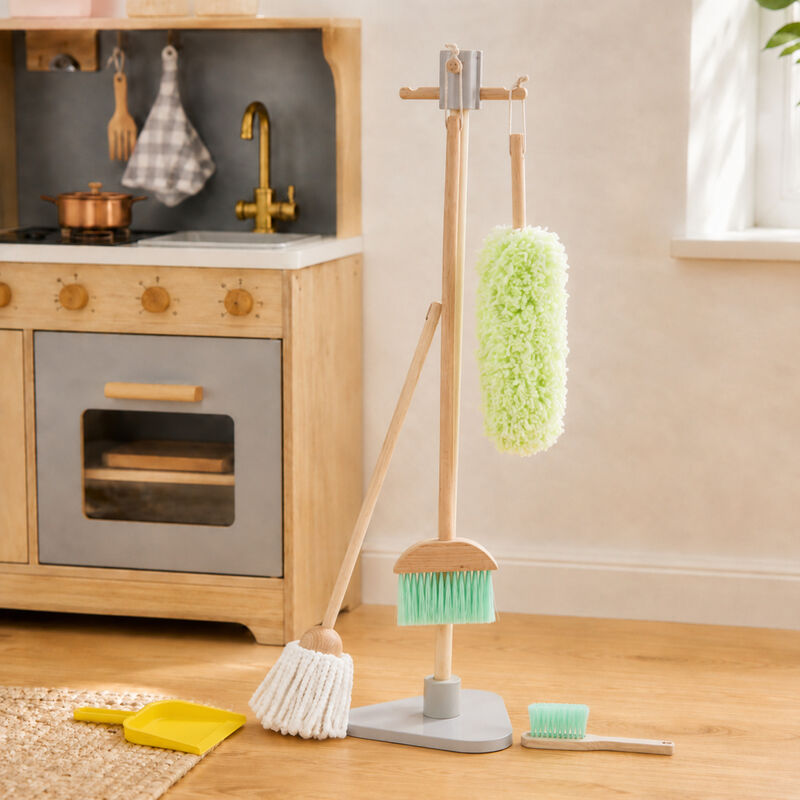 Teamson Kids 6-Piece Wooden Cleaning Set with Storage Stand, Little Helper Pretend Play Cleaning Set, Mop, Broom, Duster, Dust Pan and Brush with Hanging Loops image number 5
