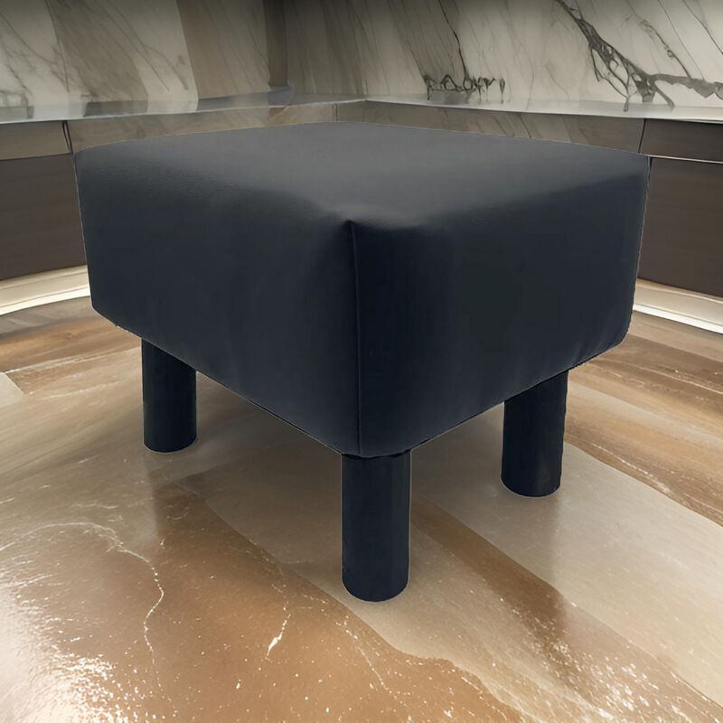 Ginni Footstool Ottoman Set of 2, Black Faux Leather, Soft Seat, Wood Legs - Benzara