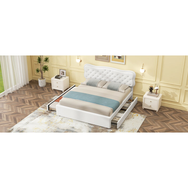 Queen Size Upholstery Platform Bed with Storage Drawers and Trundle, White