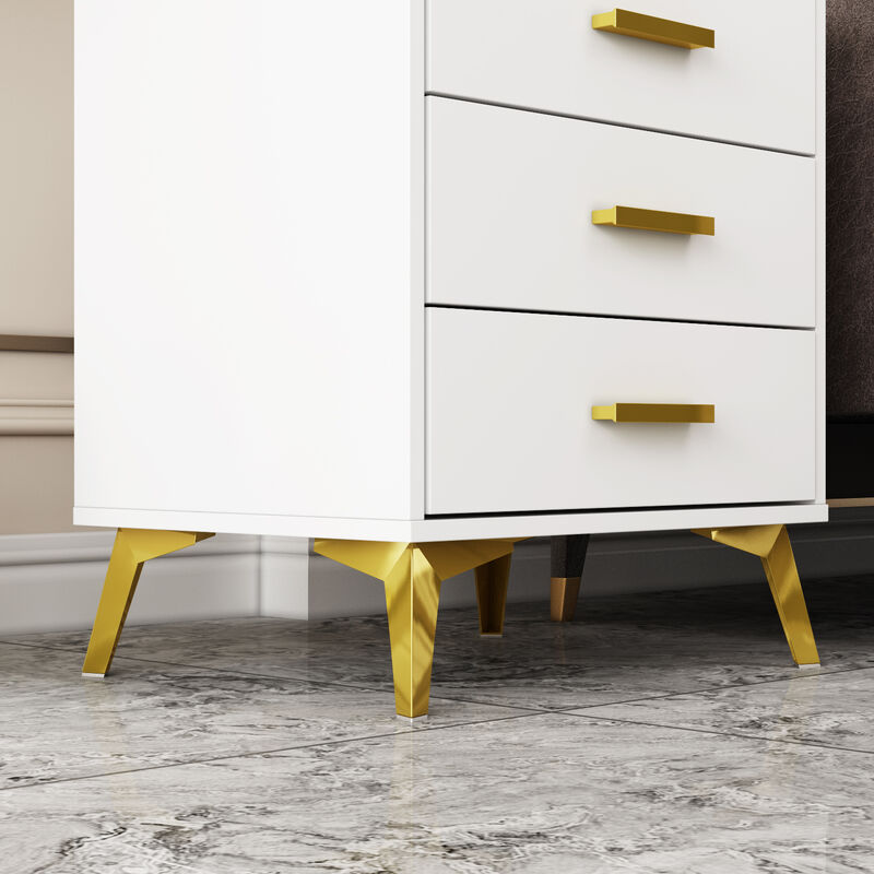 Modern Nightstand with 3 Storage Drawers & Gold Metal Legs, Minimalist and Versatile Bedside Table Sofa End Side Table, White (19.7" W x 15.7" D x 23.6" H)