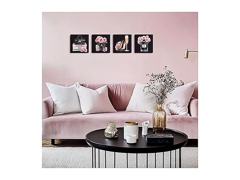 4 Pack Fashion Canvas Wall Art Pink Black Decor Aesthetic Framed Posters Women image number 2