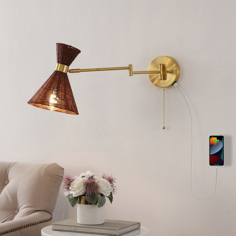 Lily 25" 1-Light Mid-Century Vintage Retro Rattan/Metal USB Charging Swing Arm LED Sconce with Pull Chain, Light Brown/Brass Gold