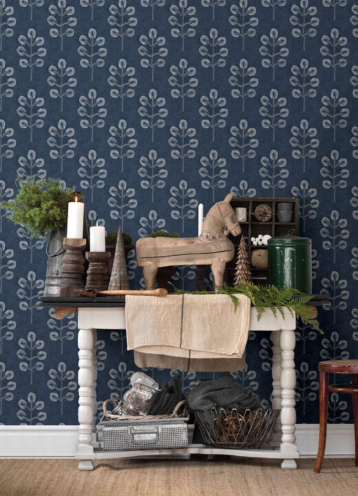 Plum Tree Dark Blue Botanical Wallpaper