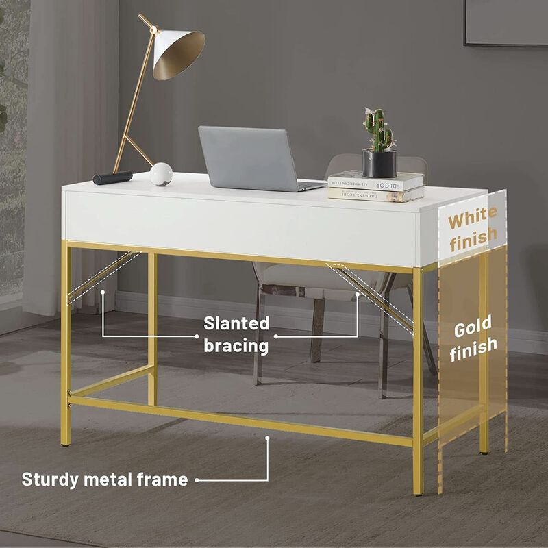 ShipItFurniture White and Gold Vanity Desk with 2 Drawers image number 3