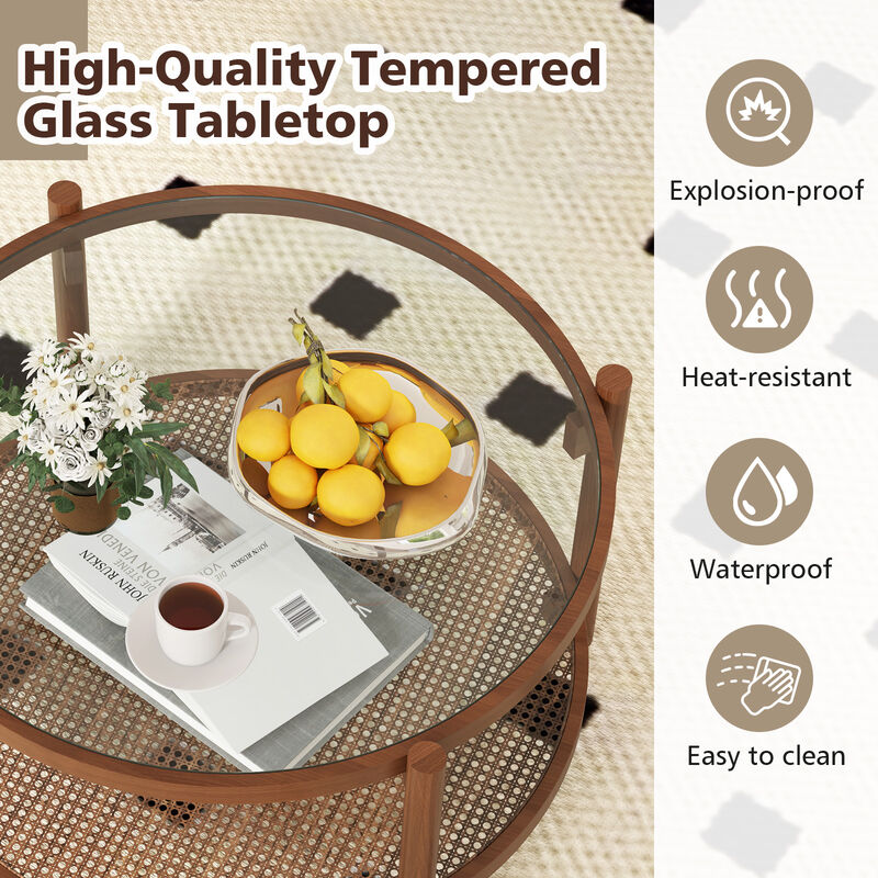 Elegant 2-Tier Round Coffee Table with Glass Surface and Open Storage