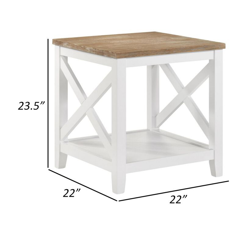 Maise 24 Inch Side End Table, Wire Brushed Wood Top, Brown and White - Benzara