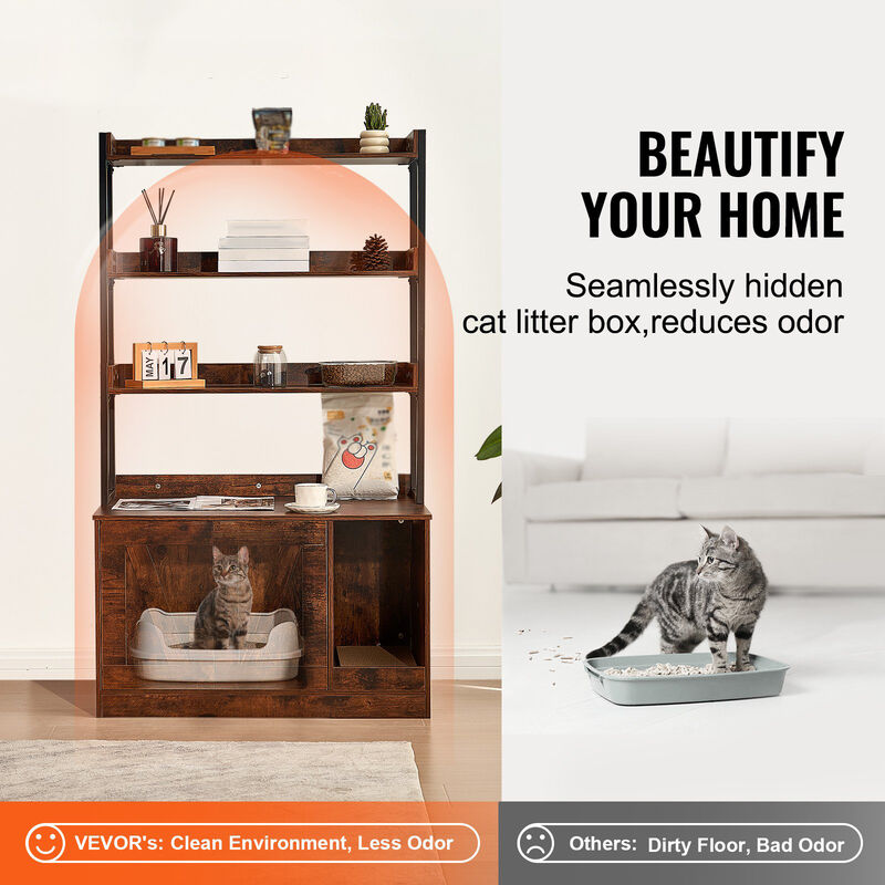 Cat Litter Box Enclosure &ndash; Wooden Hidden Litter Cabinet with Storage Shelves, Pet Furniture for Home and Apartment Use image number 2