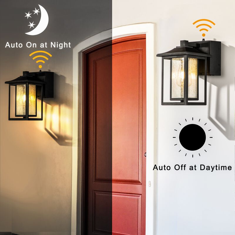 1-Light Black Dusk to Dawn Sensor Outdoor Wall Lantern Coach Sconces Light with Seeded Glass and built-in GFCI Outlets image number 2