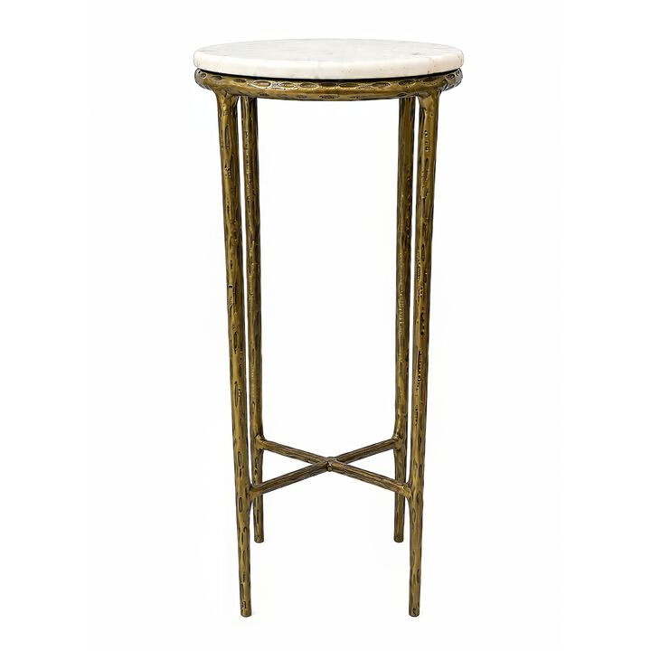 Minza Accent Side End Table, Modern Marble Round Top, Hand Forged, Hammered Antique Finish
