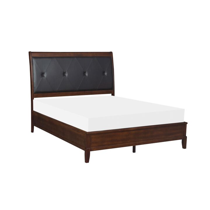 Dark Cherry Finish 1pc Queen Sleigh Bed Button-Tufted Faux-Leather Upholstered Headboard Transitional Style Bedroom Furniture