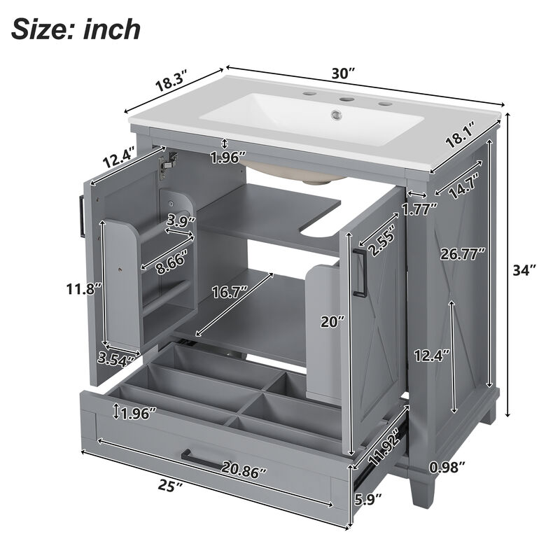 Whisen 30-inch Bathroom Vanity with Single Sink, Solid Wood Frame + MDF, 2 Soft-Close Doors, 1 Divided Drawer, Dual Storage Shelves