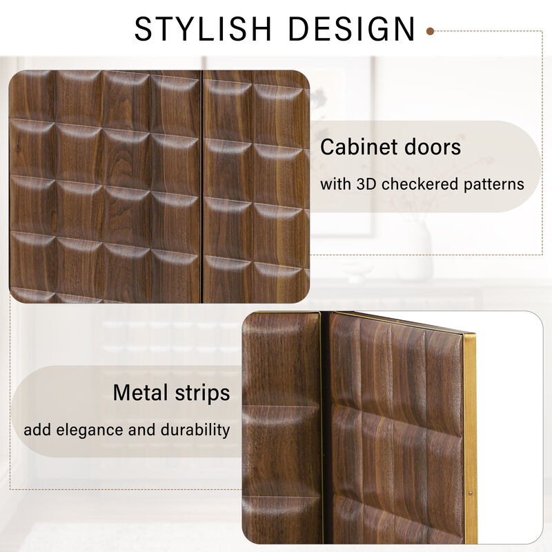 Whisen Modern 4-Door Storage Cabinet with 3D Geometric Doors & Metal Trim